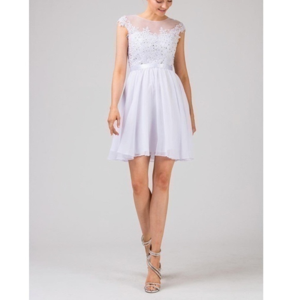 EUREKA FASHION Chiffon Dress Sheer Lace Bodice White/silver # 3633 size medium